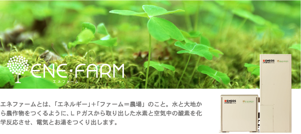 エネファームとは、「エネルギー」+「ファーム=農場」のこと。水と大地から農作物をつくるように、LPガスから取り出した水素と空気中の酸素を化学反応させ、電気とお湯をつくり出します。