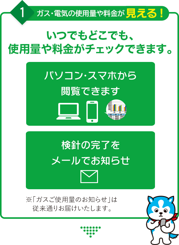 1.ガスの使用量や料金が見える! いつでもどこでも、使用量や料金がチェックできます。パソコン・スマホから閲覧できます 検診の完了をメールでお知らせ ※使用量・料金照会のご利用には、当社とご契約中の請求番号の登録が必要です。